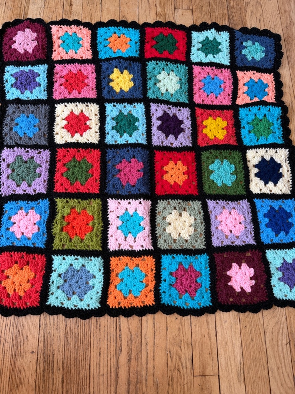 Vintage Hand-Crocheted Granny Square Blanket